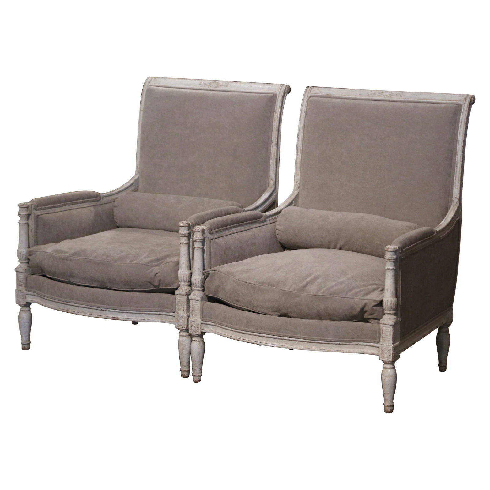 Set of 2 Antique French Restauration Armchairs Circa 1880 Grey Suede Upholstery (1 of 10)