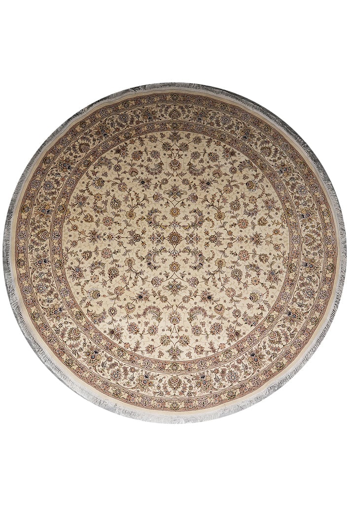 10 x 10 Round Hand-Knotted Wool Silk Tabriz Rug Ivory Green Pink: 10 x 10 Round Hand-Knotted Wool Silk Tabriz Rug Ivory Green Pink Free continental US Shipping This 10 x 10 foot round rug is finely hand-knotted from a blend of wool and silk, featuring a Tabriz patte