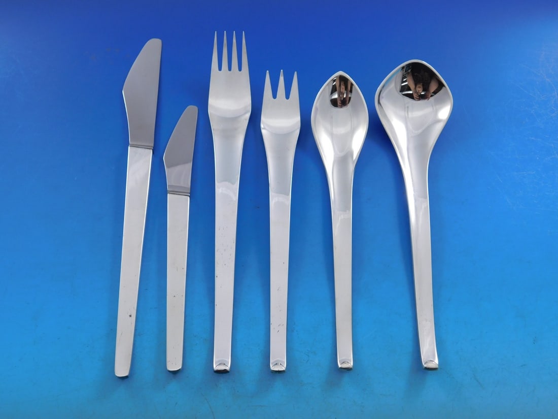 75 Piece Linje Sterling Silver Flatware Set for 12 by Hans Hansen Denmark (1 of 7)