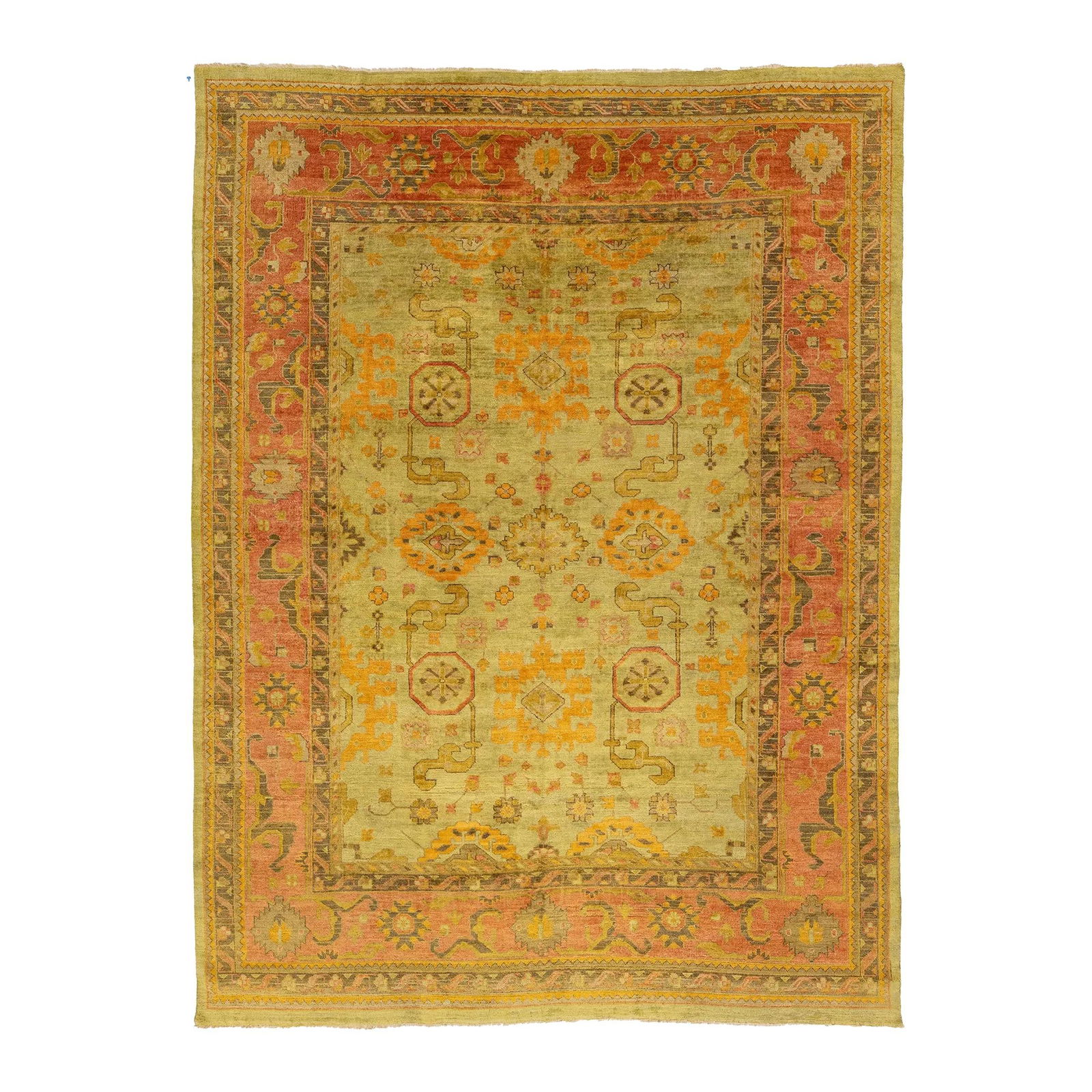 Handmade Vintage Oushak Wool Rug 10' x 13'7' Olive Green Design: Handmade Vintage Oushak Wool Rug 10' x 13'7' Olive Green Design This exquisite hand-knotted wool rug showcases a captivating Vintage Oushak design. The elegant olive green field is beautifully complem
