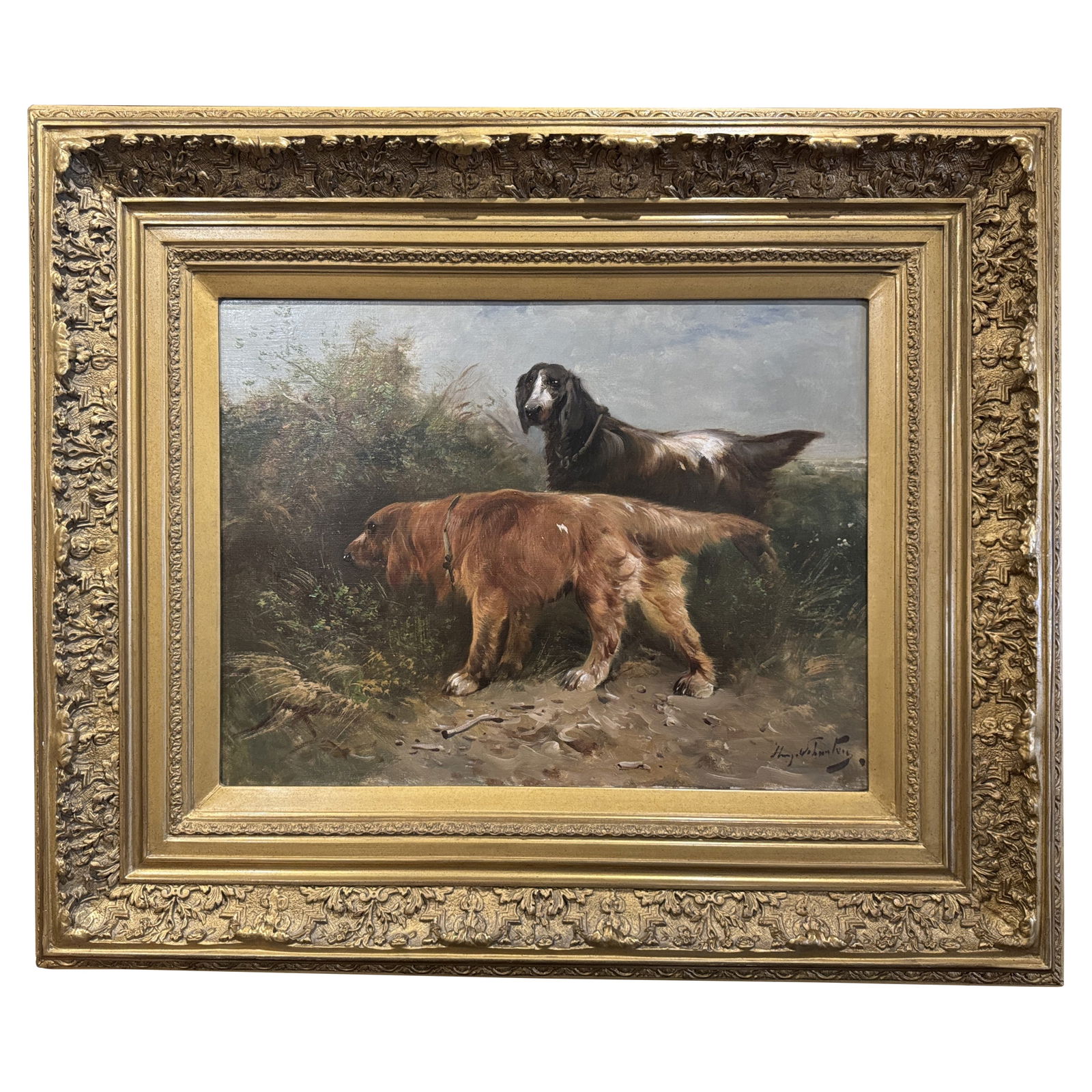 19th Century Hunting Dogs Oil Painting by H Schouten in Gilt Frame (1 of 11)