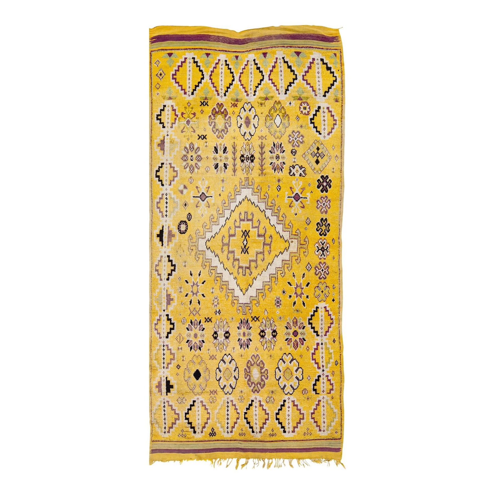 Vintage Moroccan Wool Rug with Geometric Pattern in Yellow: Vintage Moroccan Wool Rug with Geometric Pattern in Yellow Enhance your living space with this stunning vintage Moroccan-style handmade wool rug. Featuring a vibrant yellow field complemented by multi