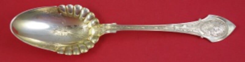 Wood & Hughes Angelo Sterling Silver Berry Spoon 9 inch Fluted Shoulder: Wood & Hughes Angelo Sterling Silver Berry Spoon 9 inch Fluted Shoulder This exquisite berry spoon is part of the Angelo pattern by Wood & Hughes, crafted from sterling silver. Featuring a gold washed