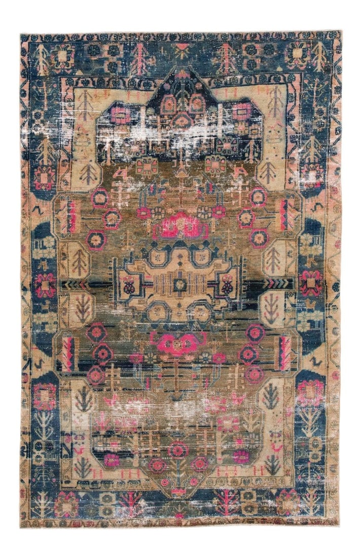 Vintage Shabby Chic Handmade Wool Rug 4'10 x 7'6 Beige (1 of 10)