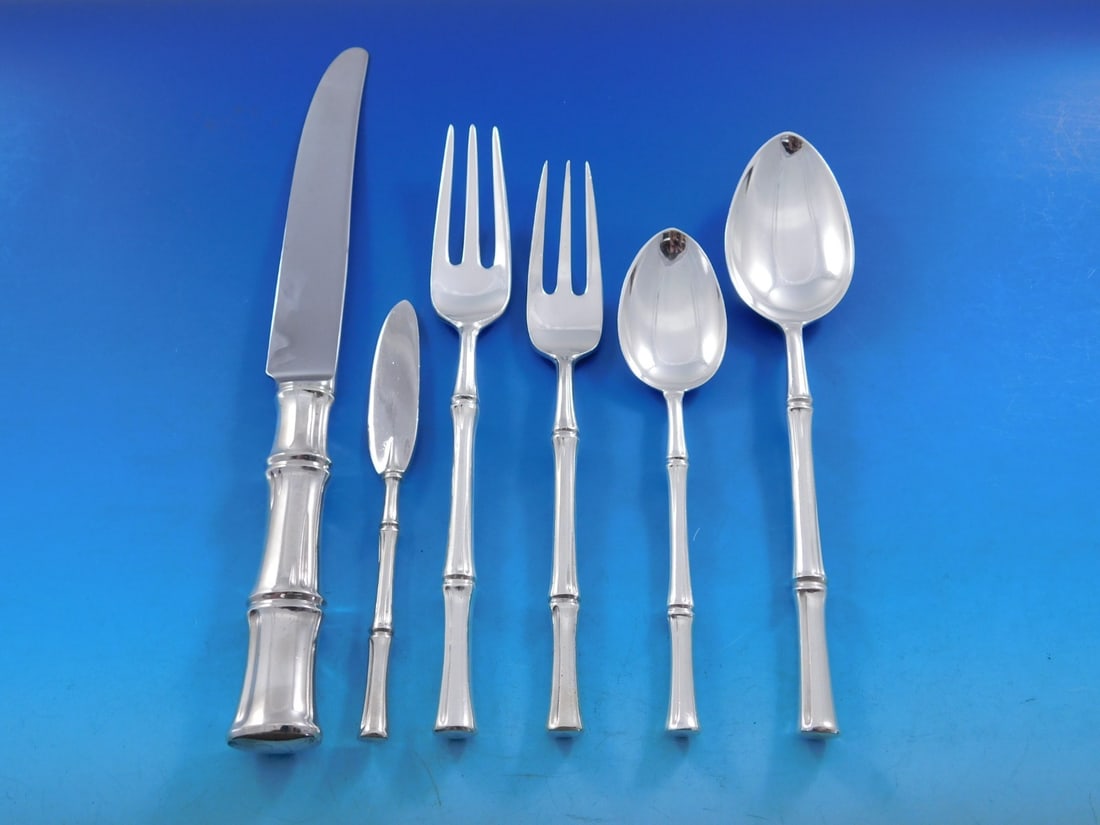 Tiffany & Co Bamboo Sterling Silver Flatware Set for 12 75 Pieces: Tiffany & Co Bamboo Sterling Silver Flatware Set for 12 75 Pieces Elevate your dining experience with the exquisite Bamboo Sterling Silver Flatware Set by Tiffany & Co., designed for 12 people. Introd