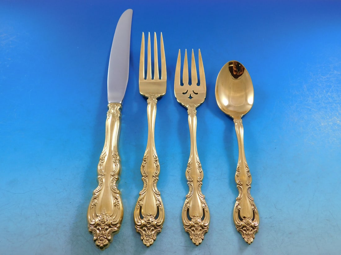 Oneida Du Maurier Gold Sterling Silver Flatware Set 48 Pieces for 12: Oneida Du Maurier Gold Sterling Silver Flatware Set 48 Pieces for 12 Enhance your dining experience with the exquisite Du Maurier Gold flatware set by Oneida, crafted from sterling silver and beautifu