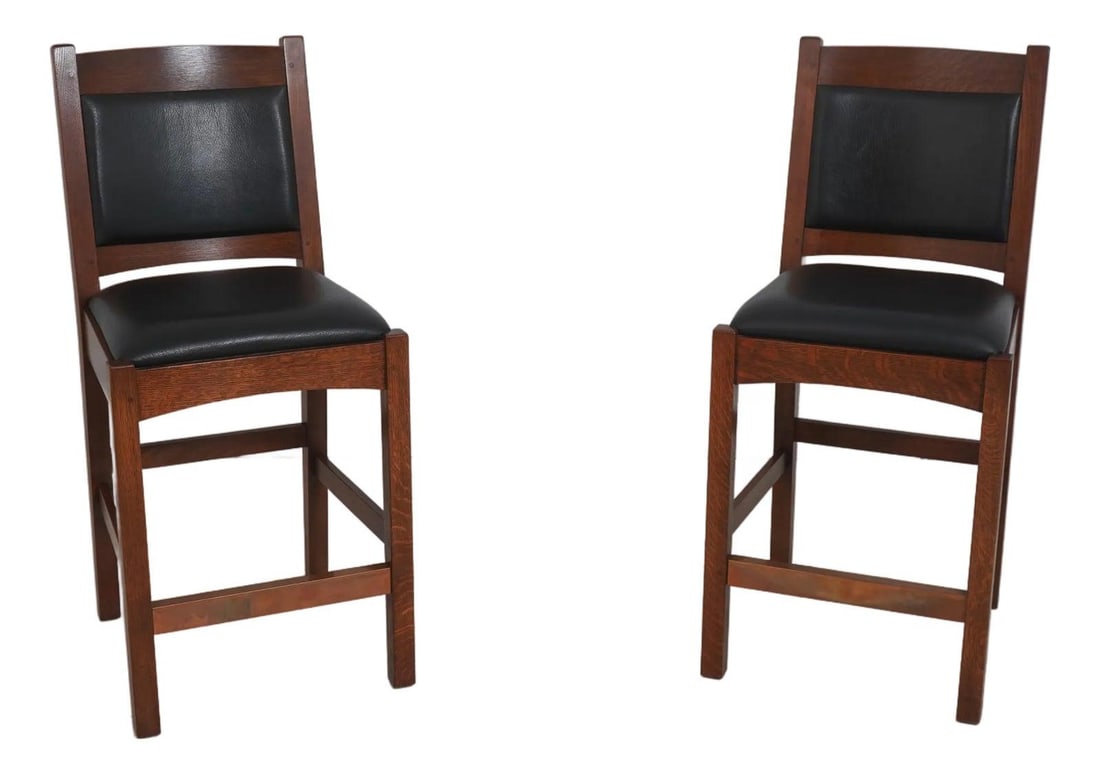 Set of Two Mission Oak Bar Chairs with Dark Green Leather Seats (1 of 10)