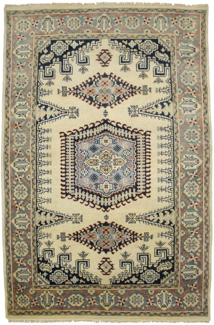 Handmade Indo-Viss Wool Rug Cream Tribal Geometric Design 6x9 ft (1 of 15)