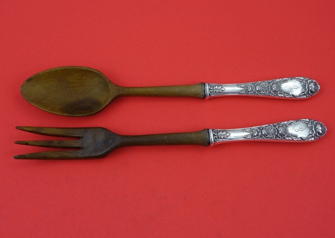 Kirk Rose Pattern Sterling Silver Salad Serving Set 2pc with Wood 8.5" (1 of 3)