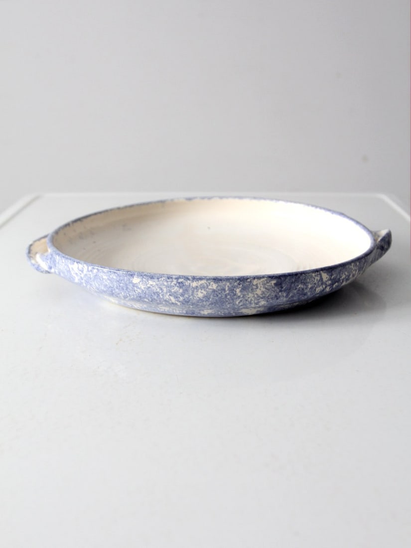 Handmade Vintage Studio Pottery Bowl Cream Blue Glaze 15.25" (1 of 9)