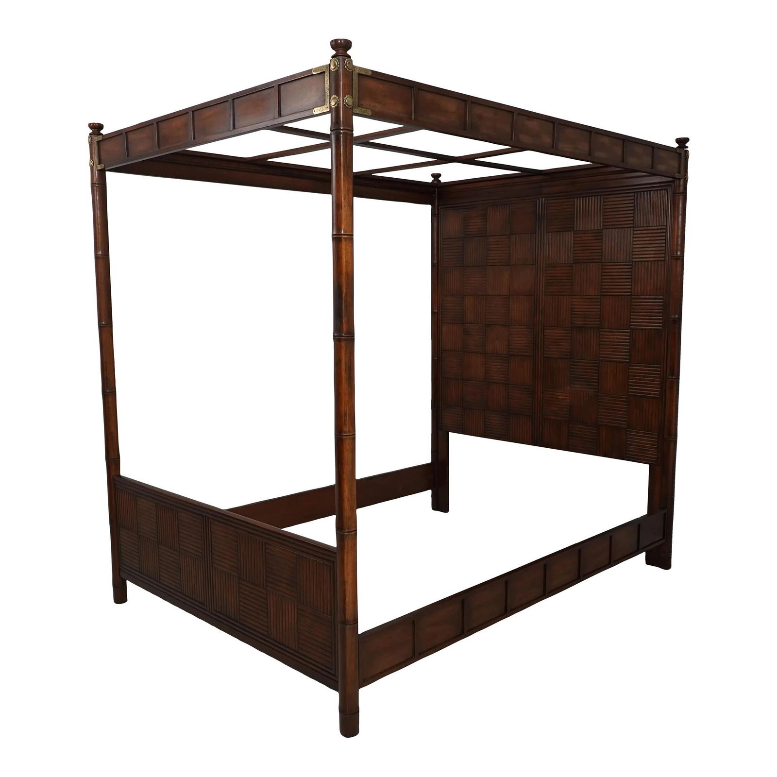 Henredon Faux Bamboo Queen Canopy Bed Campaign Style Brass Hardware (1 of 10)