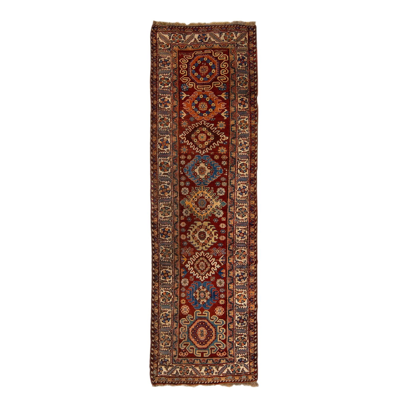 Antique Serapi Red Wool Runner 3'4 x 11'6 Multi Medallion Motif: Antique Serapi Red Wool Runner 3'4 x 11'6 Multi Medallion Motif This stunning antique Serapi hand-knotted wool runner features a vibrant red field and a beige frame adorned with multicolor accents. It