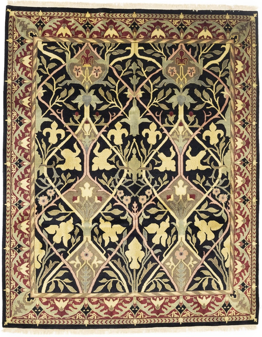 Hand-Knotted Wool Area Rug 7'11 x 10'0 Modern Floral Pattern: Hand-Knotted Wool Area Rug 7'11 x 10'0 Modern Floral Pattern This rare hand-knotted modern Oriental rug features a striking floral design in a palette of black, maroon, red, buff, beige, brown, and gr