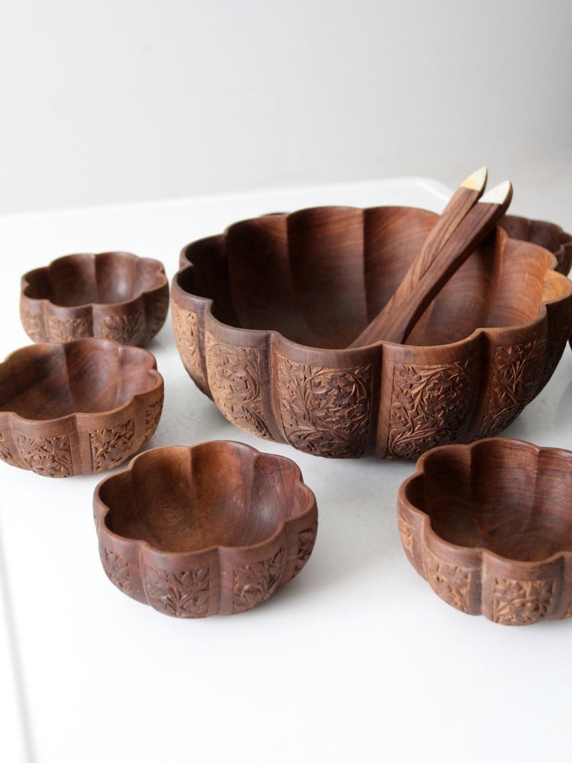 Mid Century Wood Serving Bowl Set with Mother-of-Pearl Accents: Mid Century Wood Serving Bowl Set with Mother-of-Pearl Accents Enhance your dining occasions with this exquisite mid-century serving bowl set. This elegant collection features a large scalloped bowl a