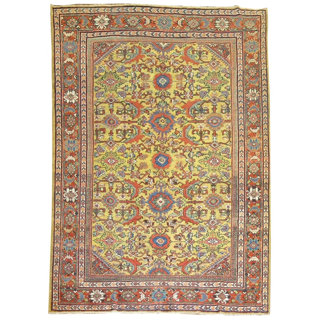 Goldenrod Antique Persian Mahal Rug Hand-Knotted Wool 82 x 116: Goldenrod Antique Persian Mahal Rug Hand-Knotted Wool 82 x 116 This stunning antique Persian Mahal rug features a striking goldenrod field beautifully complemented by accents in rust, blue, tomato red