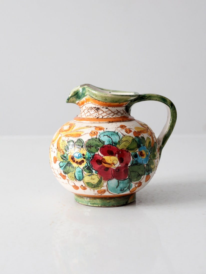 Vintage Italian Sgraffito Majolica Floral Pitcher 6 Inch (1 of 10)