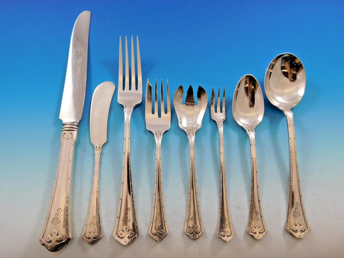 Carmel by Wallace Sterling Silver 108-Piece Flatware Set for 12 with Monogram: Carmel by Wallace Sterling Silver 108-Piece Flatware Set for 12 with Monogram Introducing the exquisite Carmel by Wallace Sterling Silver Flatware Service, a stunning collection of 108 pieces designed