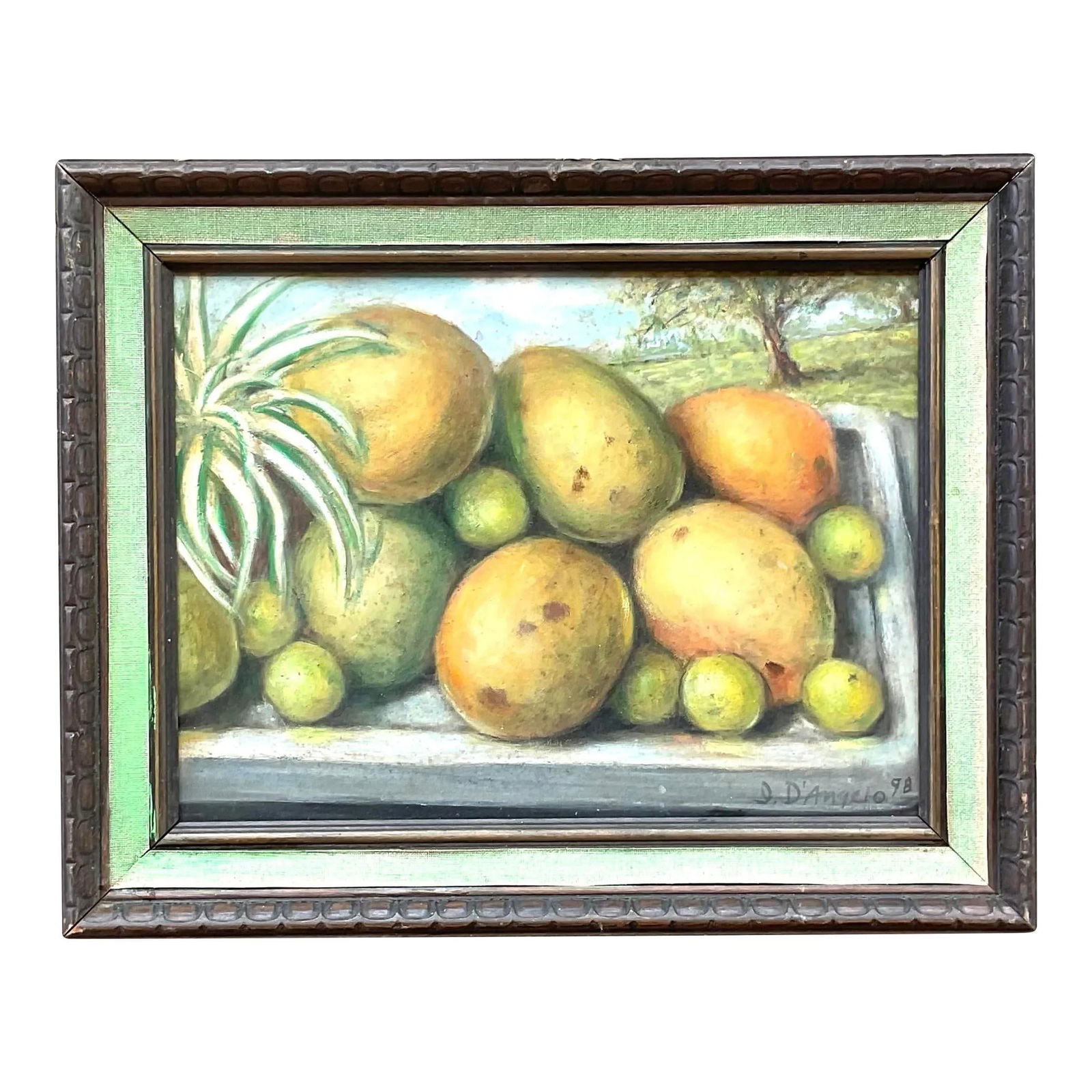 Vintage Coastal Still Life Oil Painting of Mangoes on Canvas: Vintage Coastal Still Life Oil Painting of Mangoes on Canvas Enhance your living space with this Vintage Coastal Mango Still Life Oil on Canvas Painting. This exquisite piece of art showcases the vibr