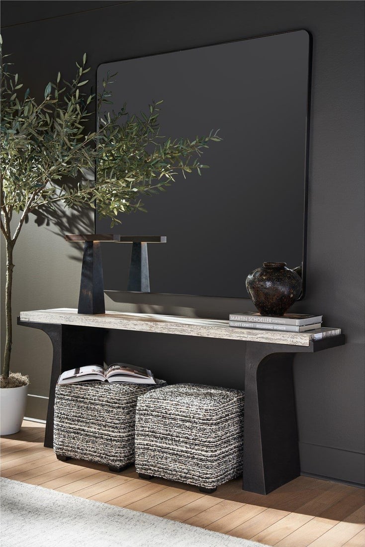Universal New Modern Quill Console Table 72 x 16 x 30: Universal New Modern Quill Console Table 72 x 16 x 30 Introducing the New Modern Quill Console Table, a stylish addition to your entryway that boasts a contemporary design. Featuring a sleek and elong