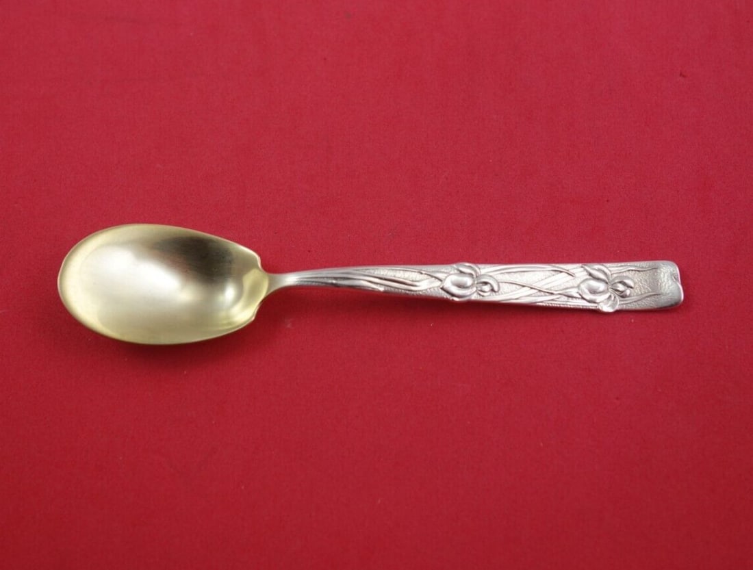 Rare Tiffany Vine Sterling Silver Egg Spoon Gold-Washed Iris Motif: Rare Tiffany Vine Sterling Silver Egg Spoon Gold-Washed Iris Motif This exquisite sterling silver egg spoon from Tiffany & Co. features the elegant Vine pattern, showcasing a gold-washed handle with a