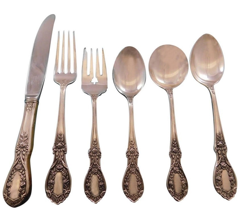 Manchester American Beauty Sterling Silver Flatware Set for 8 56 pcs: Manchester American Beauty Sterling Silver Flatware Set for 8 56 pcs Discover the exquisite American Beauty Sterling Silver Flatware Set by Manchester, designed to elegantly serve 8 guests with a tota