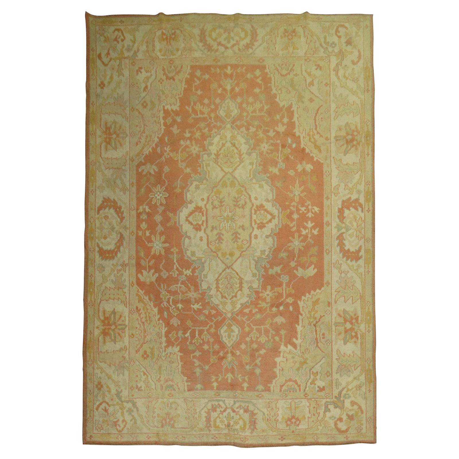 Vintage Hand-Woven Oushak Rug from Turkey 8'9" x 11'10": Vintage Hand-Woven Oushak Rug from Turkey 8'9" x 11'10" Presenting an exquisite Antique Oushak Rug, a stunning example of early 20th-century craftsmanship. This hand-woven rug features a vibrant orang