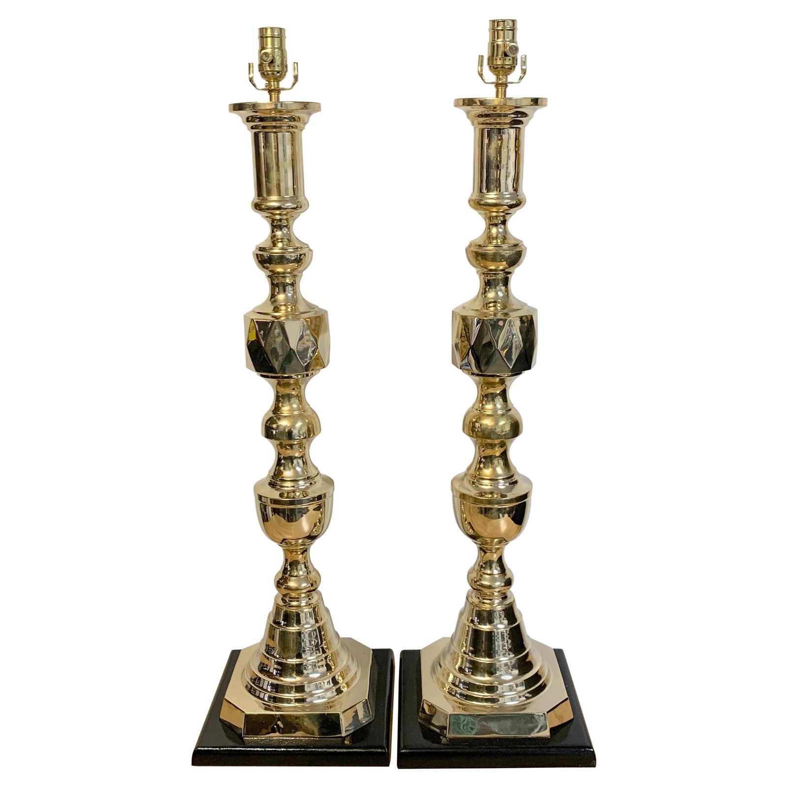 Set of 2 Monumental Brass Candlestick Lamps Ace of Diamonds 36 Inches (1 of 9)