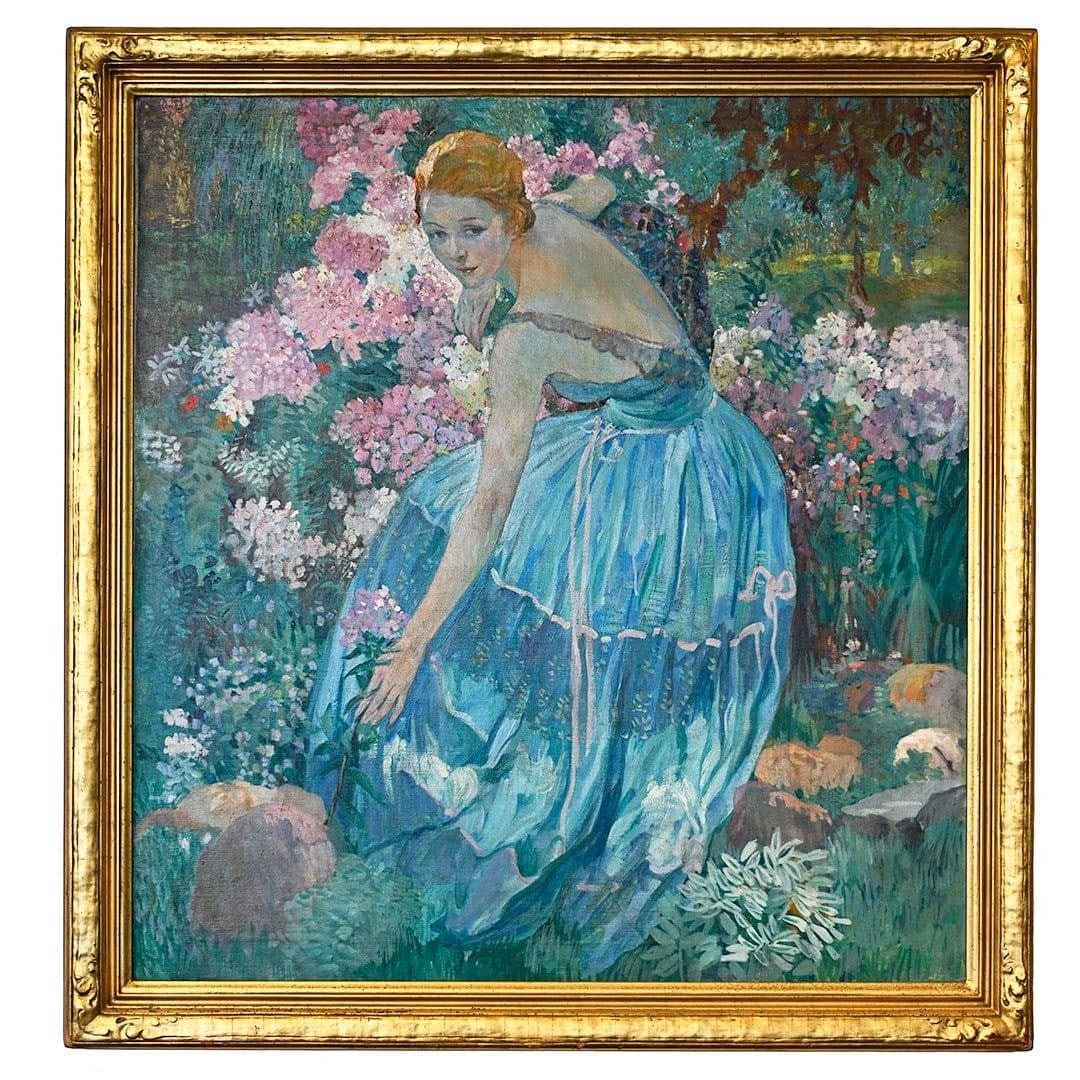 Charlotte in Garden Painting by Charles F Aicieri 43 x 41 Canvas Realism: Charlotte in Garden Painting by Charles F Aicieri 43 x 41 Canvas Realism "Charlotte in Garden" is a stunning painting by Charles F. Aicieri, showcasing a beautiful realism style. This pre-owned artwor