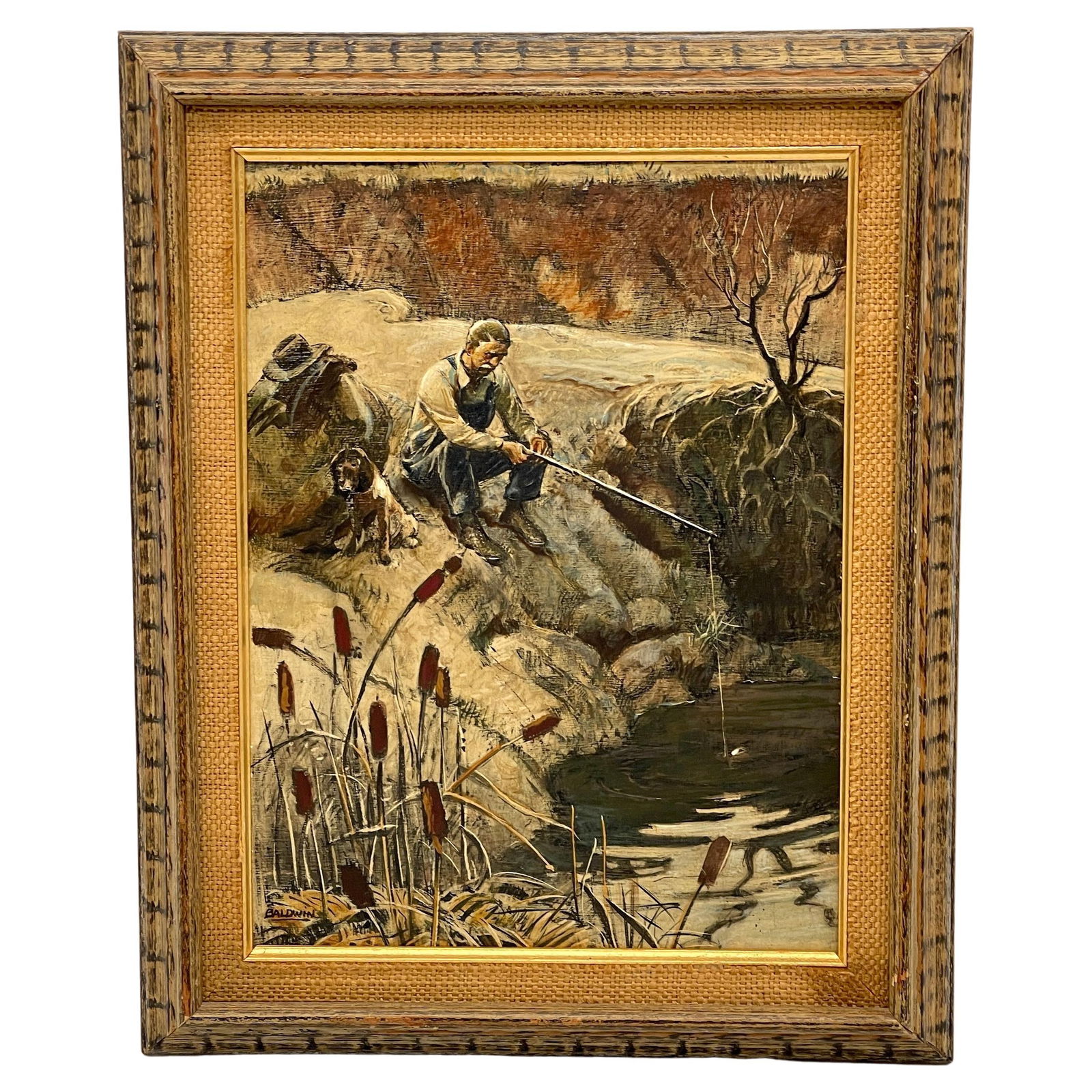 Serene American School Oil Painting Fishing Scene Signed Baldwin: Serene American School Oil Painting Fishing Scene Signed Baldwin Discover the charm of this captivating American School oil painting, featuring a serene fishing landscape with a seated old man and his