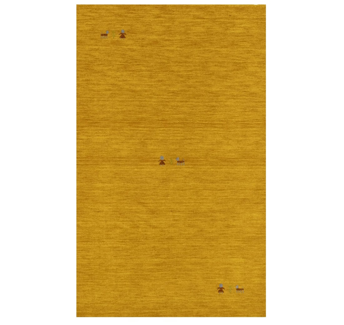 Handmade Marigold Gabbeh Modern Rug 3'1 x 4'11 Tribal Design: Handmade Marigold Gabbeh Modern Rug 3'1 x 4'11 Tribal Design Enhance your space with this exquisite Gold Tribal Pictorial Design Gabbeh Modern Rug. Measuring 3'1" x 4'11", this hand-loomed area rug fe