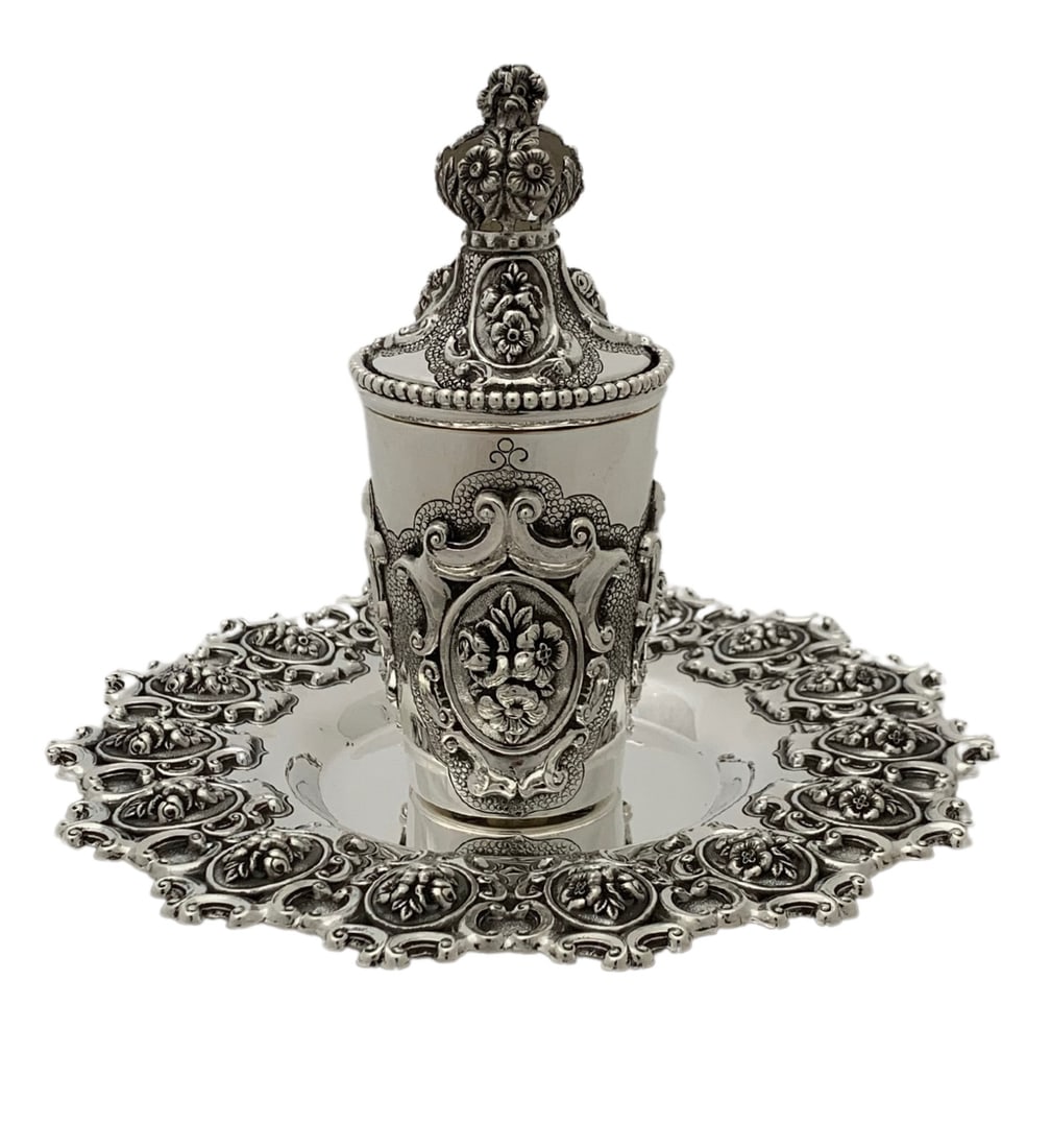 Fine Topazio 925 Sterling Silver Handmade Floral Cup Tray Cover: Fine Topazio 925 Sterling Silver Handmade Floral Cup Tray Cover This exquisite set features a Fine Topazio 925 sterling silver cup, tray, and cover, all meticulously handcrafted in Portugal. The ornat