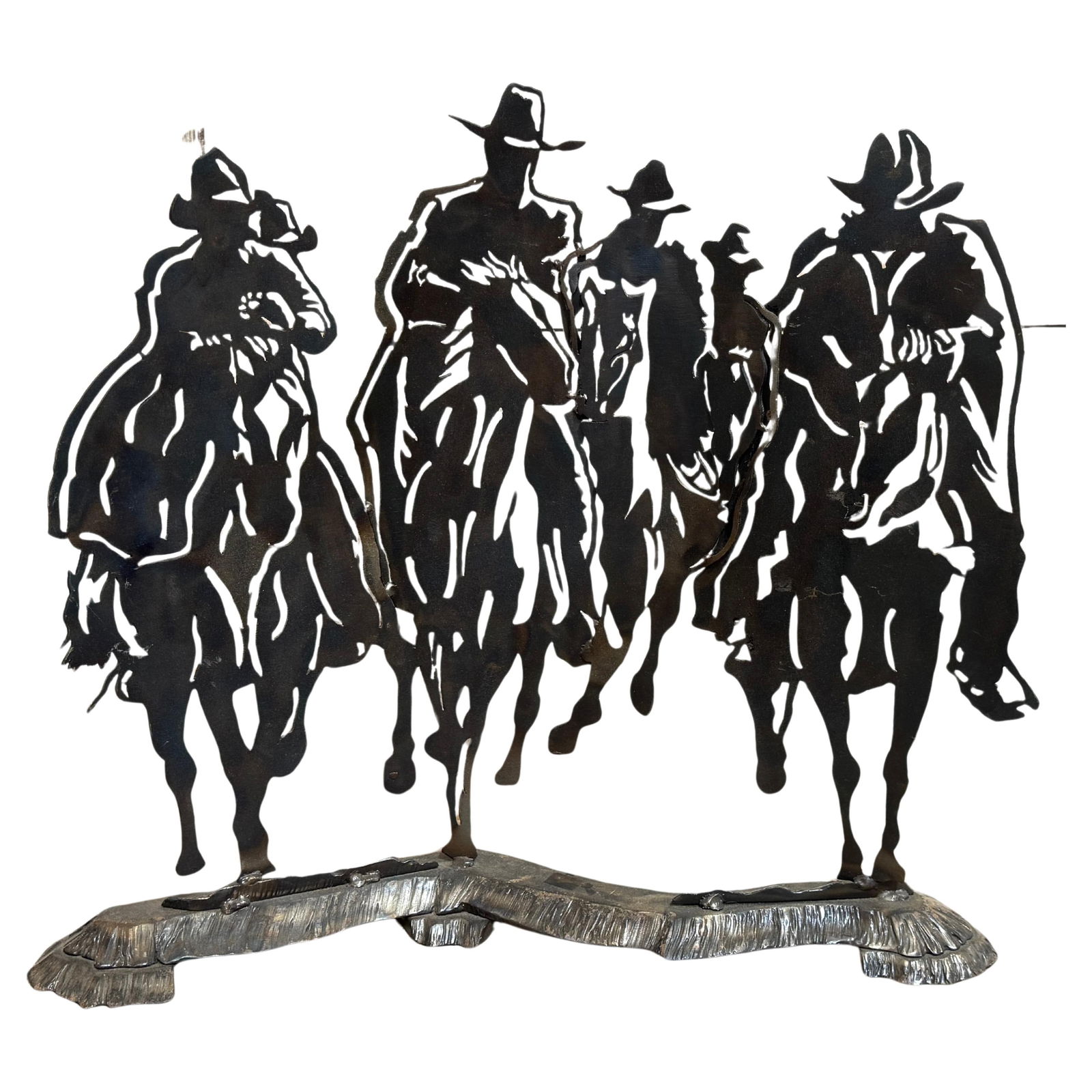 Modern Steel Sculpture of Five Western Cowboys Riders on the Storm: Modern Steel Sculpture of Five Western Cowboys Riders on the Storm This modern sculpture, titled Riders on the Storm, features five mounted cowboys depicted in dynamic silhouette, crafted from cut and