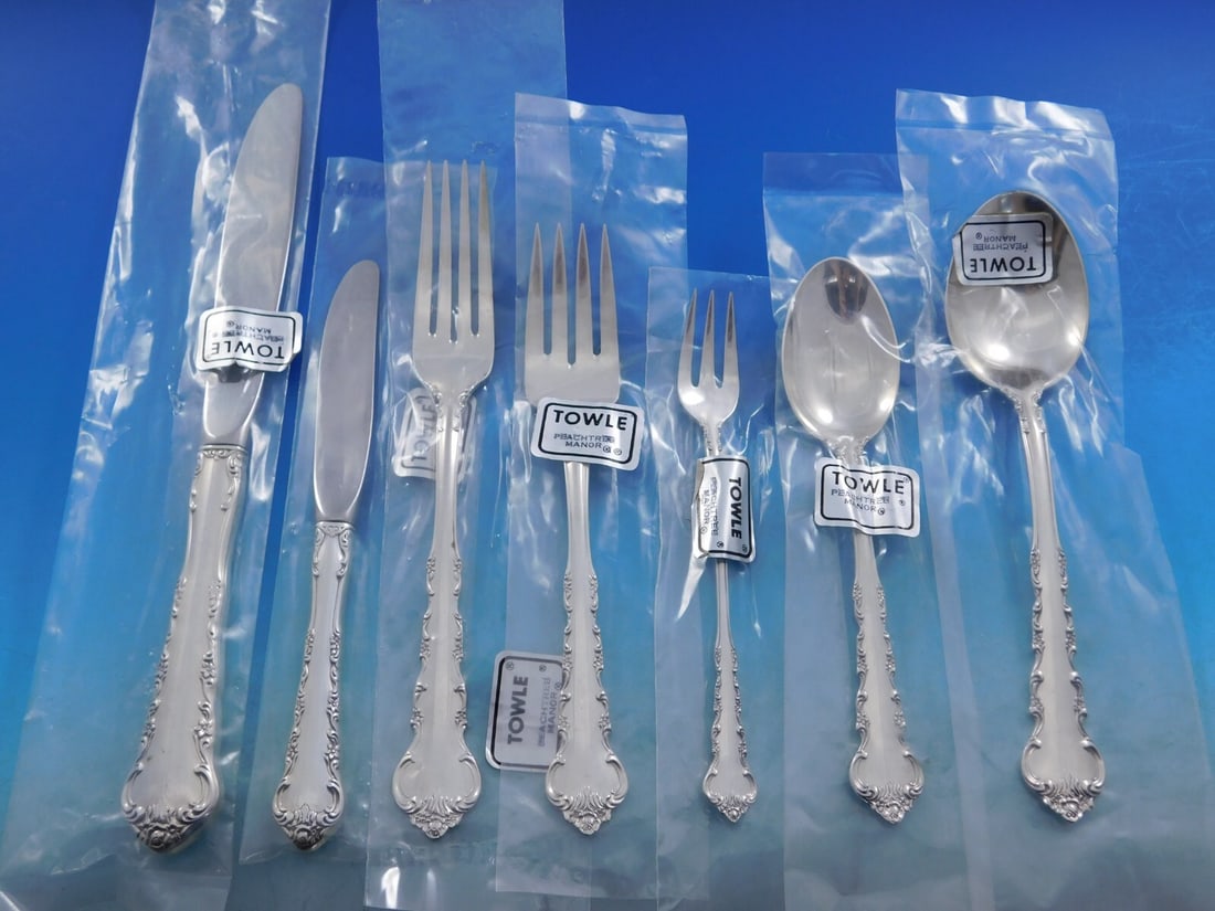 Towle Peachtree Manor Sterling Silver Flatware Set 92 pcs Unused: Towle Peachtree Manor Sterling Silver Flatware Set 92 pcs Unused Discover the elegance of the Peachtree Manor sterling silver flatware set by Towle, crafted circa 1956. This exquisite set features 92
