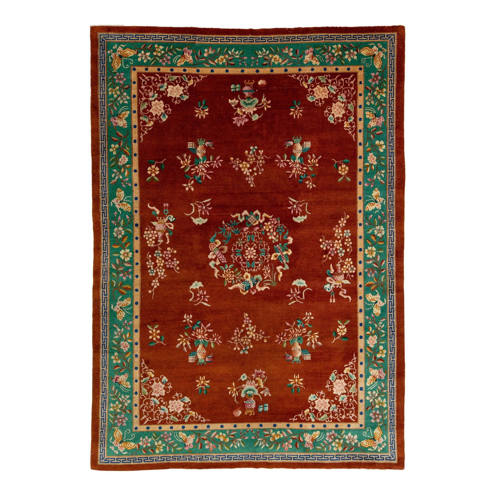 Antique Art Deco Chinese Wool Rug 6'9 x 9'7 Dark Terracotta: Antique Art Deco Chinese Wool Rug 6'9 x 9'7 Dark Terracotta Enhance your space with this exquisite antique Art Deco Chinese wool rug, handcrafted in a rich dark terracotta hue. The rug features a beau