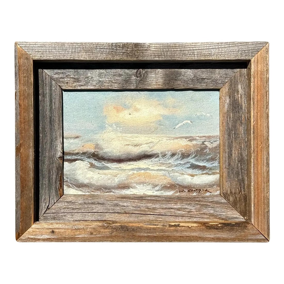 Seascape Oil Painting with Signature in Driftwood Style Frame: Seascape Oil Painting with Signature in Driftwood Style Frame This vintage boho seascape oil painting, signed by the artist, captures the dynamic energy of the ocean with an earthy color palette. The