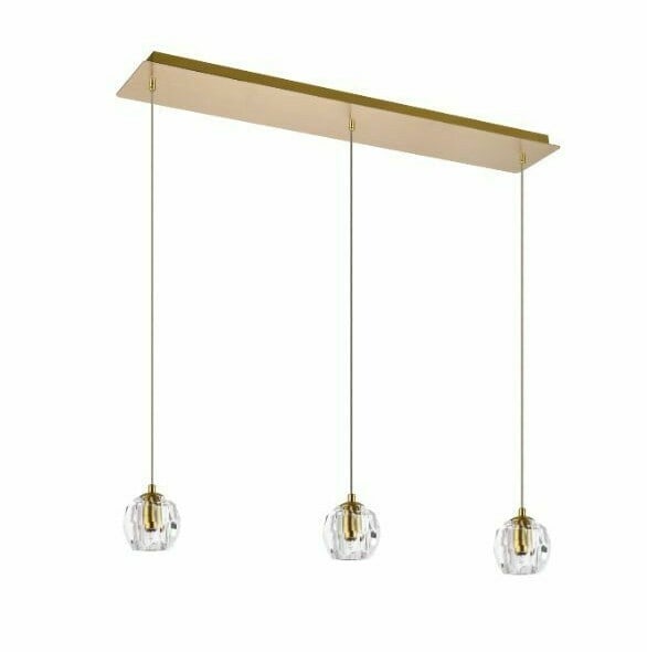 Eren 28 Inch 3 Light Gold Crystal Island Pendant Chandelier for Dining or Kitchen: Eren 28 Inch 3 Light Gold Crystal Island Pendant Chandelier for Dining or Kitchen This modern pendant chandelier features a gold finish with iron and clear crystal shades, making it a striking additio