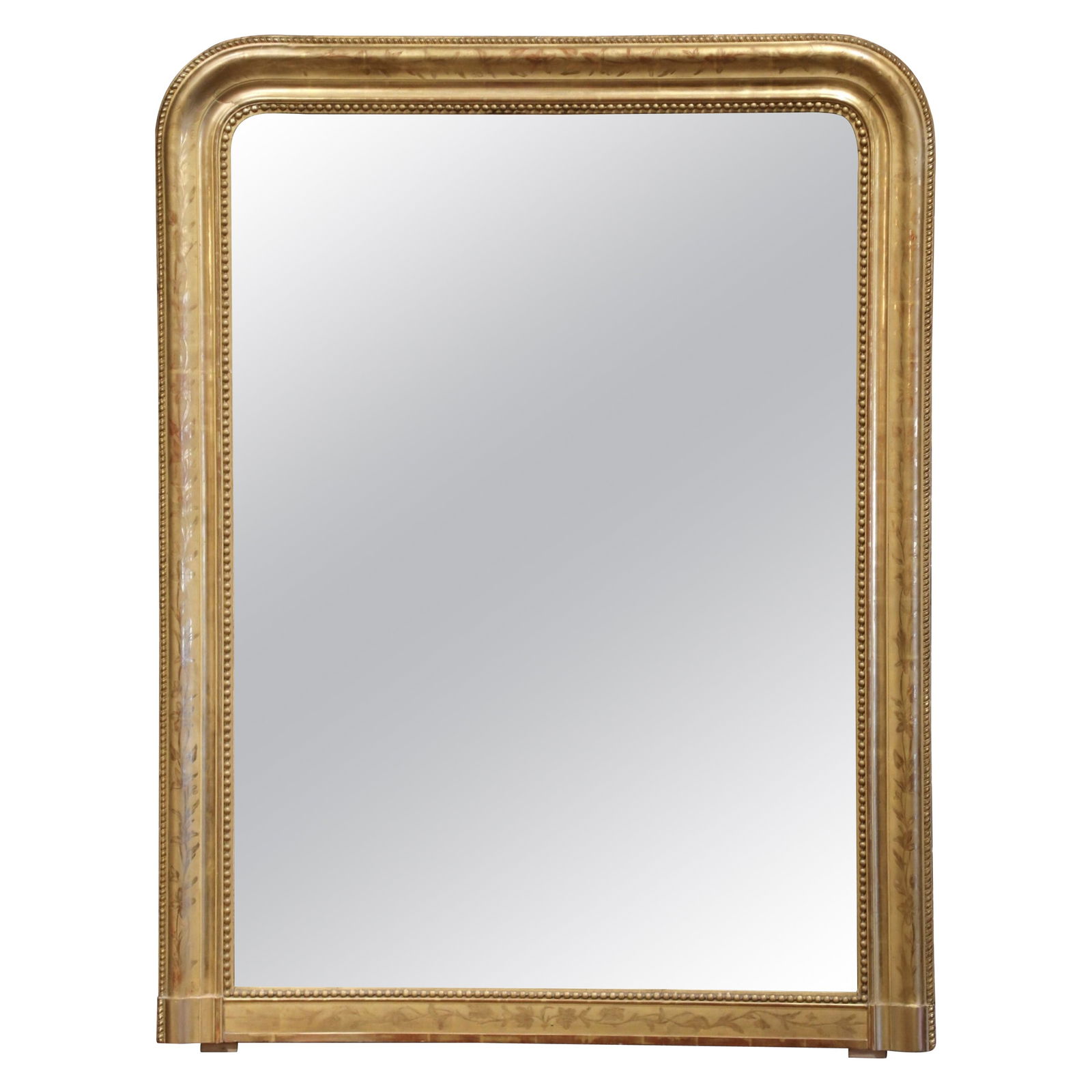 19th Century Louis Philippe Giltwood Mantel Mirror France Engraved Gold Leaf: 19th Century Louis Philippe Giltwood Mantel Mirror France Engraved Gold Leaf Elevate your living space with this exquisite 19th Century French Louis Philippe Carved Giltwood Mantel Mirror. Standing at