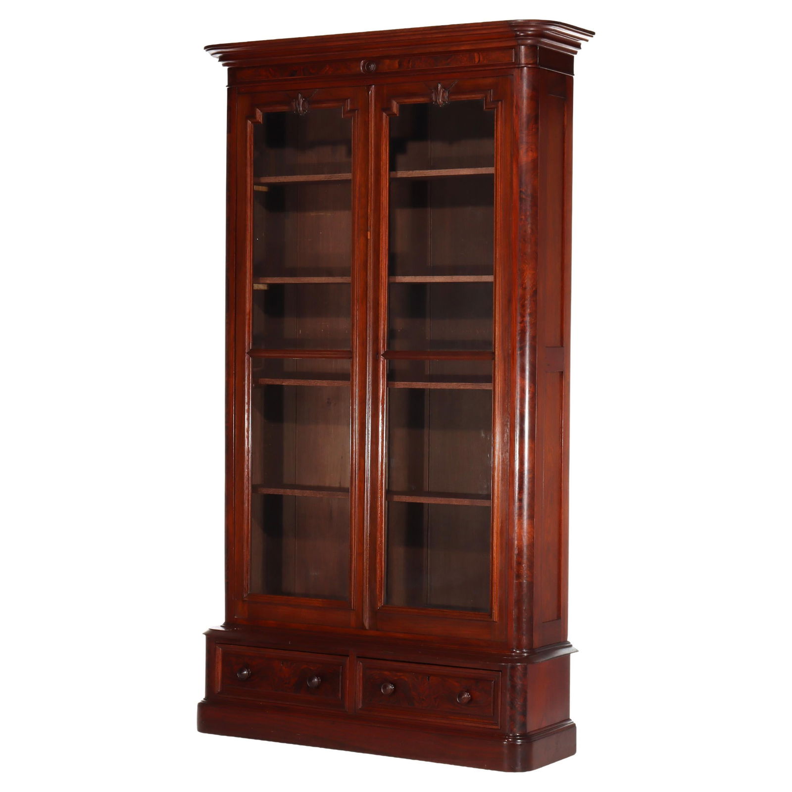 Renaissance Revival Walnut and Burl Two Door Bookcase Circa 1890: Renaissance Revival Walnut and Burl Two Door Bookcase Circa 1890 This antique Renaissance Revival bookcase, dating to around 1890, is crafted from walnut and burl. It features a two-door upper section
