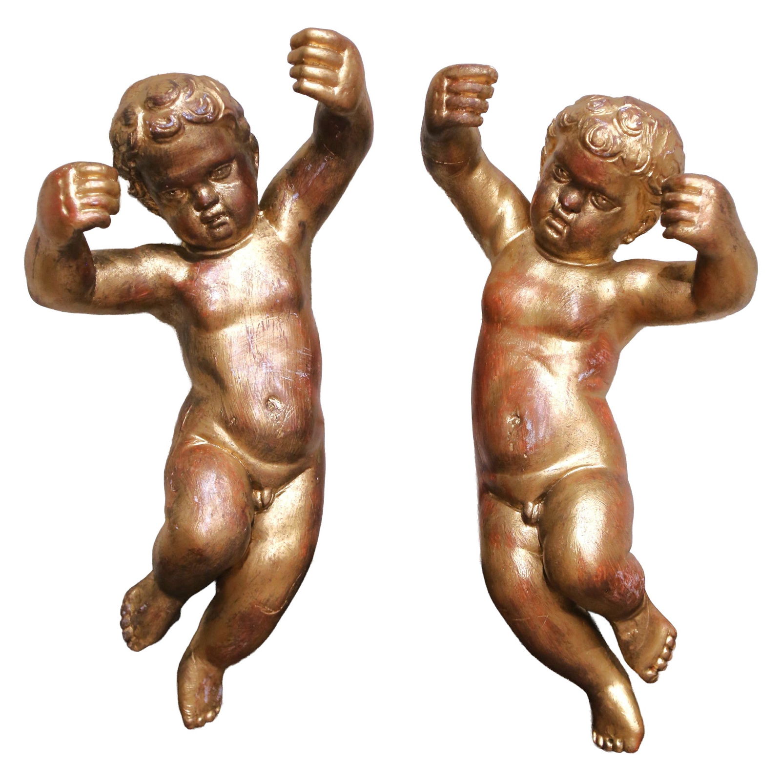 Set of 2 19th Century Italian Giltwood Cherub Wall Sculptures: Set of 2 19th Century Italian Giltwood Cherub Wall Sculptures This exquisite pair of 19th century Italian giltwood wall-hanging cherub sculptures showcases the artistry of the mid-19th century. Carved