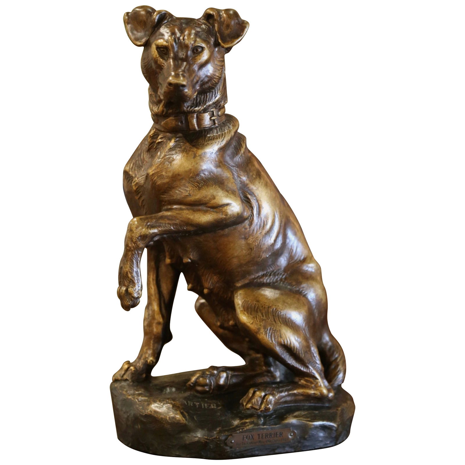 T. Cartier Early 20th Century Terracotta Fox Terrier Sculpture: T. Cartier Early 20th Century Terracotta Fox Terrier Sculpture This exquisite early 20th-century French terracotta sculpture features a charming fox terrier, meticulously crafted by artist T. Cartier