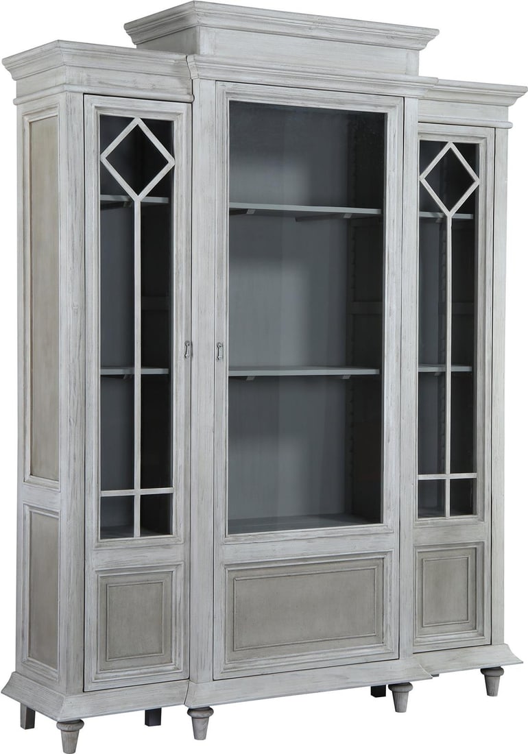 Aloha Cabinet Light Gray Wash Glass Door Wood 102H 79W 22D: Aloha Cabinet Light Gray Wash Glass Door Wood 102H 79W 22D Showcasing a blend of elegance and vintage charm, this Aloha Cabinet features stunning glass doors and is crafted from reclaimed pine wood. I