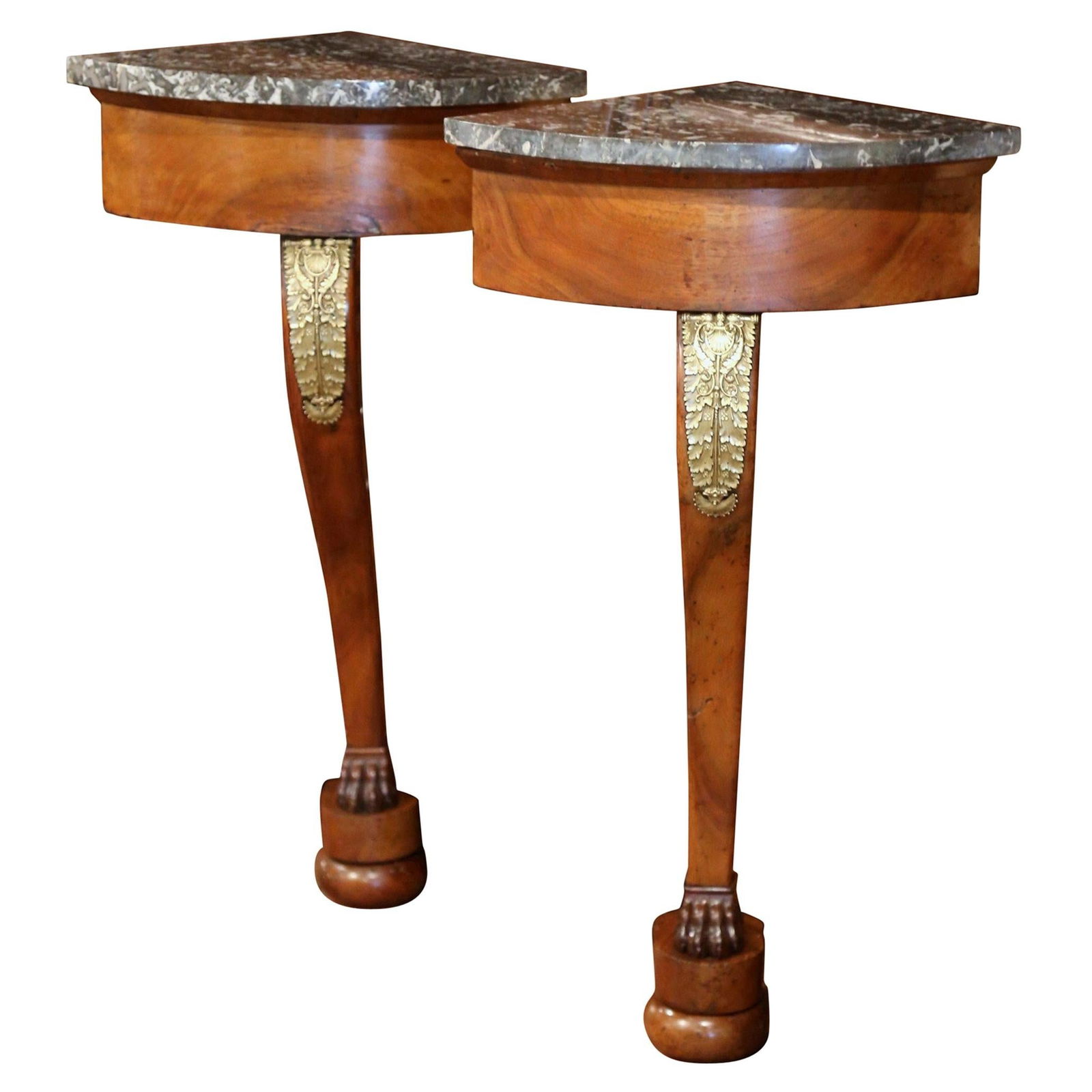19th Century French Empire Walnut Corner Consoles with Marble Tops Set of 2: 19th Century French Empire Walnut Corner Consoles with Marble Tops Set of 2 Enhance your living space with this exquisite pair of early 19th century French Empire wall consoles, expertly crafted in wa