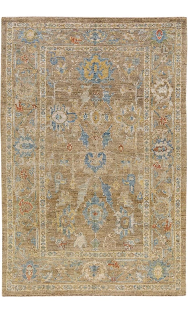 Brown Floral Wool Rug Modern Sultanabad Hand-Knotted 6'2 x 9'4: Brown Floral Wool Rug Modern Sultanabad Hand-Knotted 6'2 x 9'4 Enhance your living space with this stunning brown modern Sultanabad handmade floral wool rug. This exquisite hand-knotted rug features a