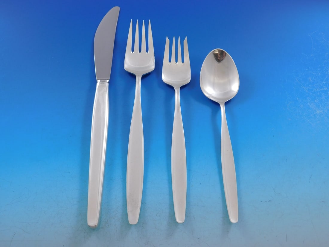 Georg Jensen Cypress Sterling Silver Flatware Set 53 pcs Mid-Century Modern: Georg Jensen Cypress Sterling Silver Flatware Set 53 pcs Mid-Century Modern Elevate your dining experience with this exquisite Cypress sterling silver flatware set by Georg Jensen, featuring a total o