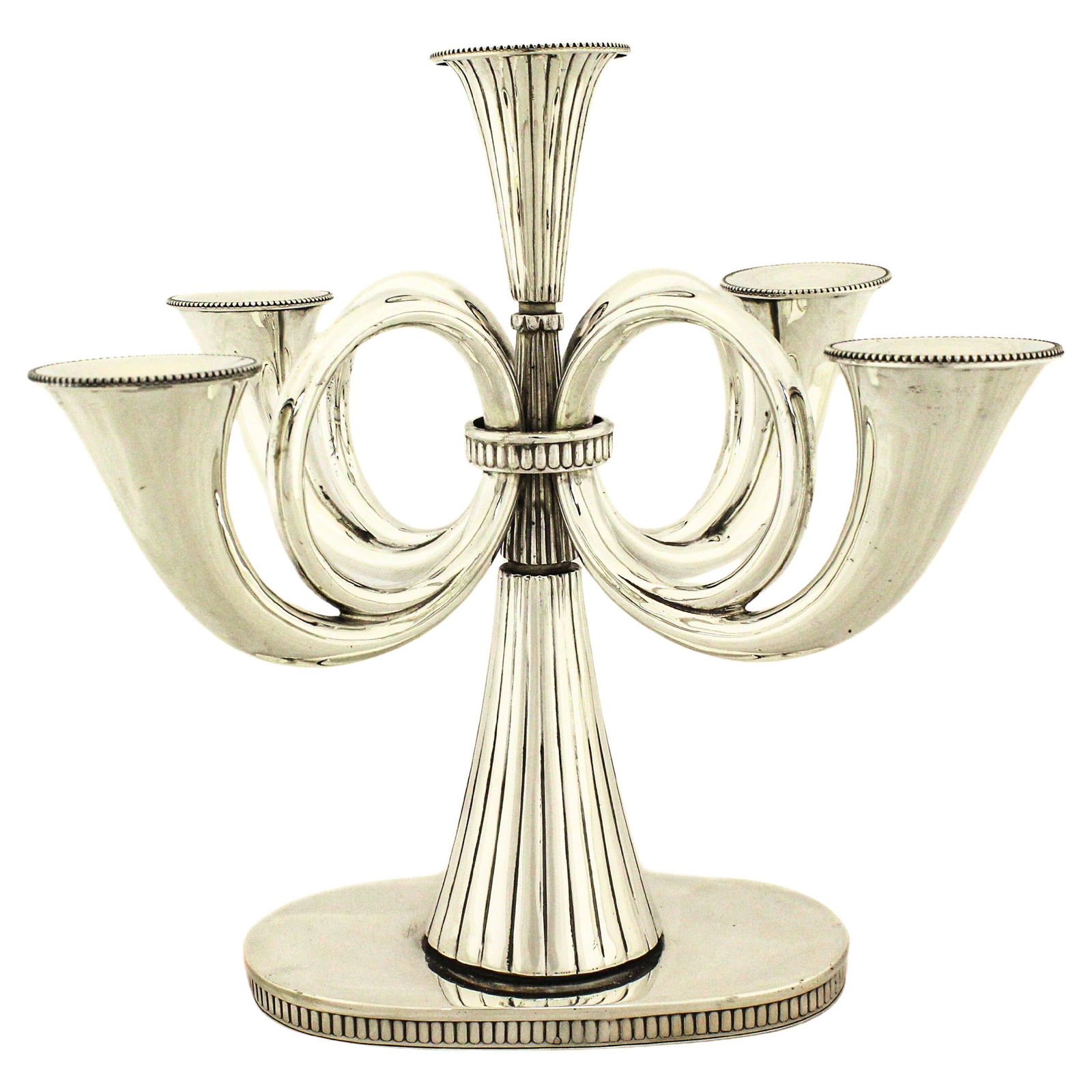 Italian Sterling Silver Five-Light Neoclassical Candelabra by Gosen circa 1930s: Italian Sterling Silver Five-Light Neoclassical Candelabra by Gosen circa 1930s This sterling silver five-branch candelabra was crafted in Italy by Gosen in the 1930s. Rooted in the Neoclassical tradi