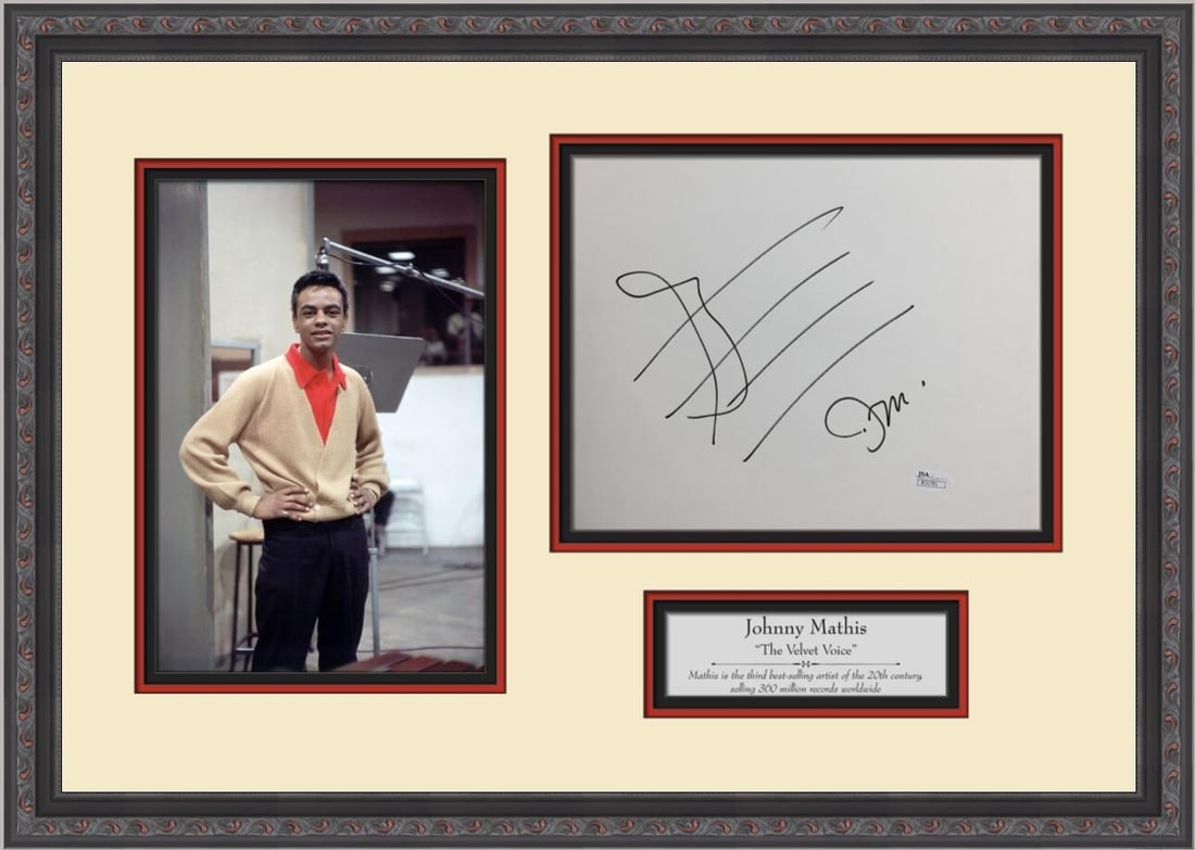 Johnny Mathis Signed Artwork Custom Framed Display with JSA COA: Johnny Mathis Signed Artwork Custom Framed Display with JSA COA This beautiful custom framed display features signed artwork by the legendary Johnny Mathis, known for his velvet voice. The piece inclu