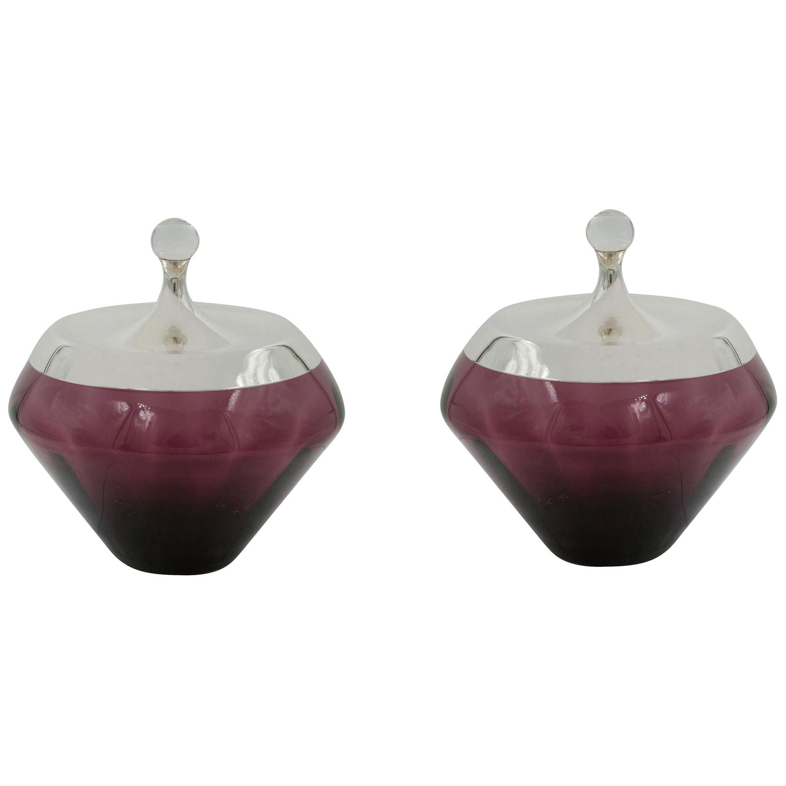 Gorham Mid-Century Modern Amethyst Glass Jars Set of 2: Gorham Mid-Century Modern Amethyst Glass Jars Set of 2 Enhance your space with this exquisite pair of Amethyst Jars, perfect for adding a touch of elegance to any room. These mid-century modern jars,