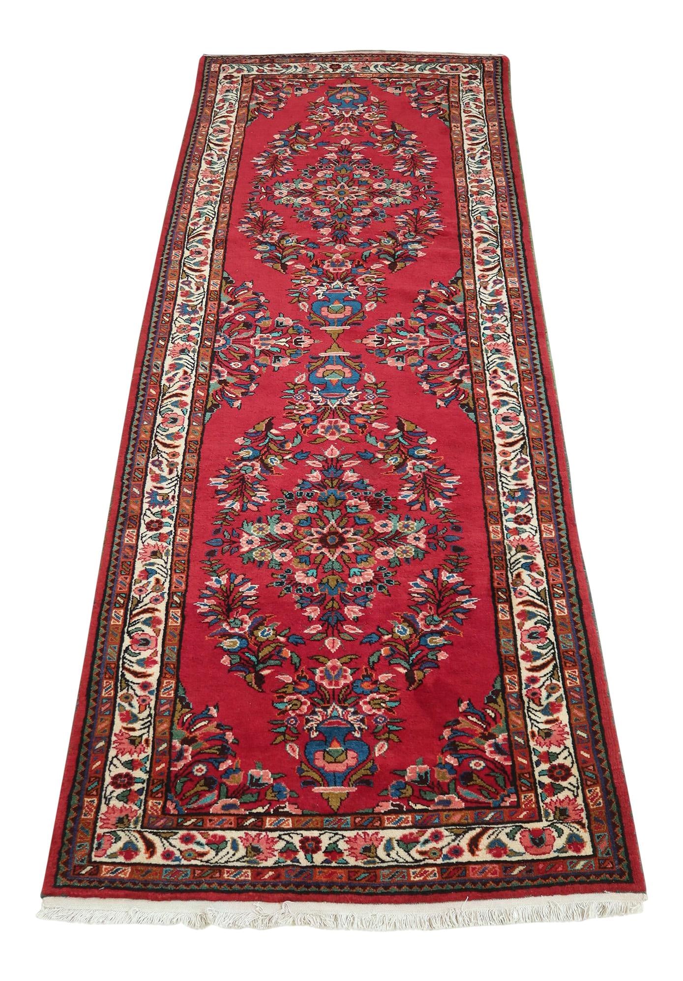 Vintage 25 Year Old Hamedan 100 Wool Rug 4 x 11 Red: Vintage 25 Year Old Hamedan 100 Wool Rug 4 x 11 Red This exquisite Hamedan rug is crafted from 100% wool, showcasing a high-quality construction with a full, consistent pile rated 9 out of 10. Approxi