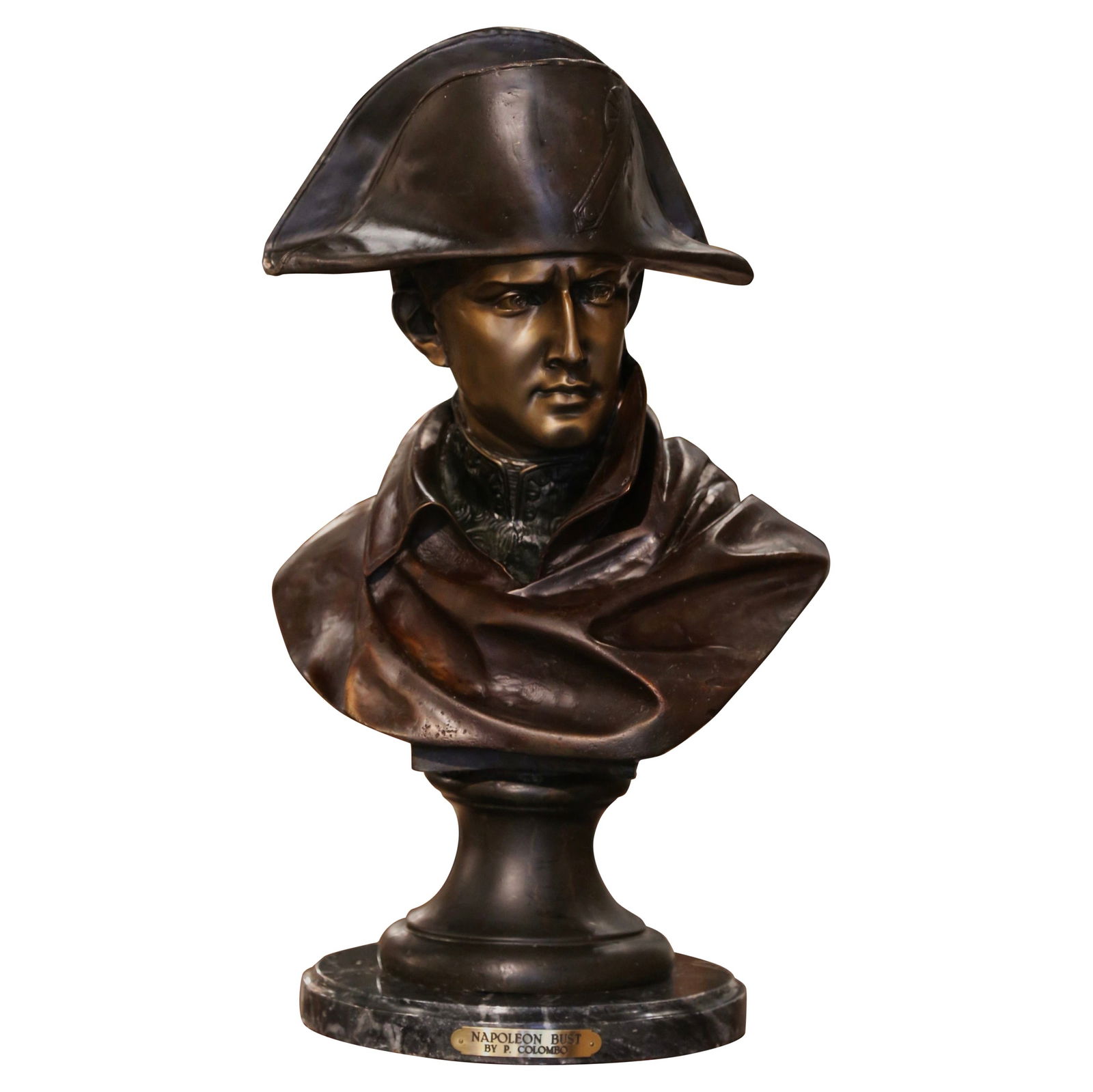 19th Century Two-Tone Spelter Bust of Napoleon by Renzo Colombo 1885: 19th Century Two-Tone Spelter Bust of Napoleon by Renzo Colombo 1885 This exquisite 19th Century Italian bust of Napoleon Bonaparte is a stunning representation of historical artistry, crafted by reno