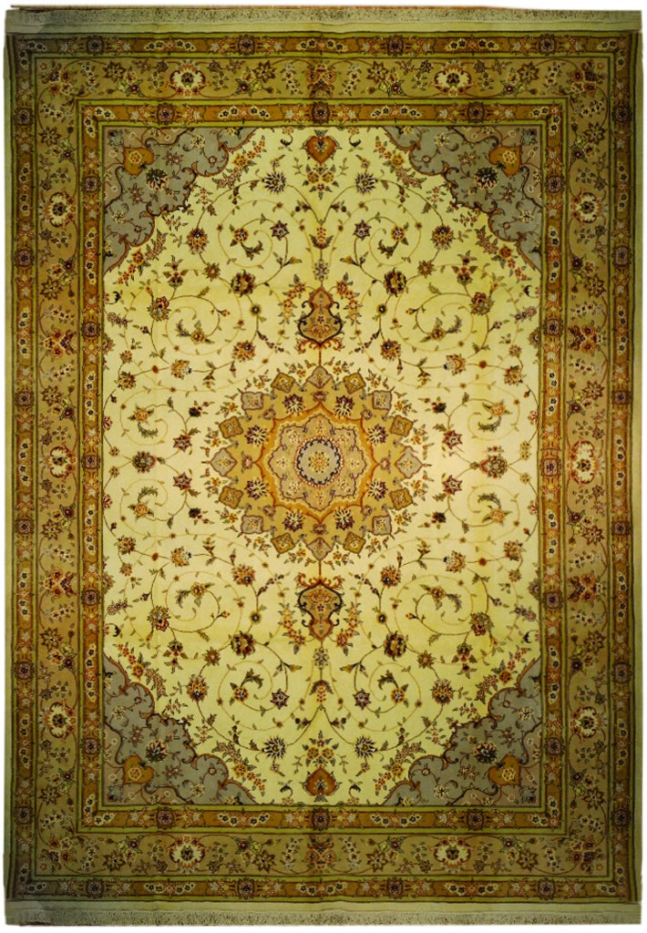 Exquisite 9.7 x 13.11 Ivory Wool Silk Sino Tabriz Rug Handmade in China: Exquisite 9.7 x 13.11 Ivory Wool Silk Sino Tabriz Rug Handmade in China Free continental US Shipping Transform your living space with this exquisite 9.7 x 13.11 Ivory Wool & Silk Fine Quality Sino Tab